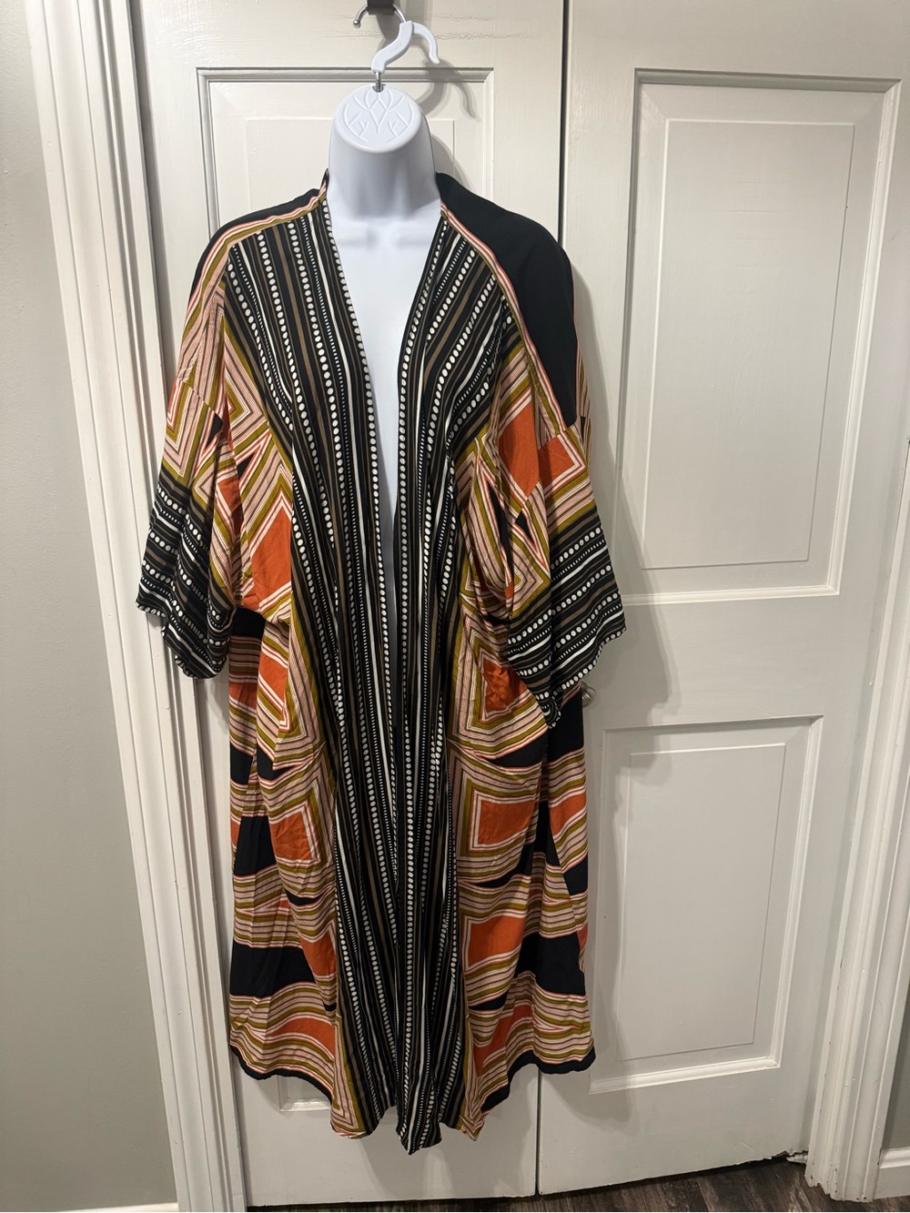 Zanzea Multicolor Open-Front Kimono Jacket in Orange, Black & Cream